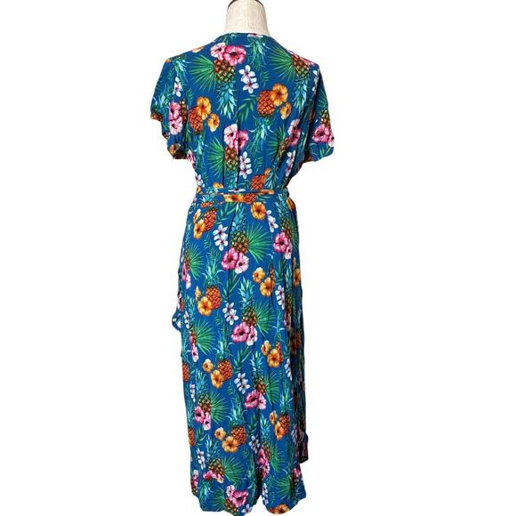 Island Batiks Hawaiian Pineapple Floral Wrap Dress Rayon M L Resort Style - Picture 5 of 8